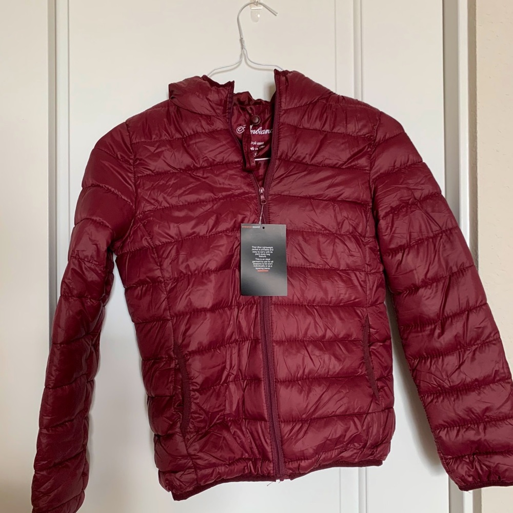 Maroon/Burgundy Puffer Jacket with storing bag